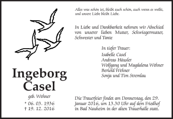 Traueranzeige von Ingeborg Casel von Wetterauer Zeitung, Wetterauer Zeitung