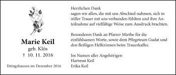 Traueranzeige von Marie Keil von Licher Wochenblatt, Licher Wochenblatt, Licher Wochenblatt