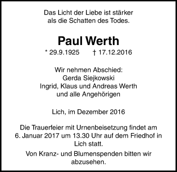 Traueranzeige von Paul Werth von Licher Wochenblatt, Licher Wochenblatt, Licher Wochenblatt