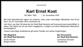 Traueranzeige von Karl Ernst Kost von Wetterauer Zeitung, Wetterauer Zeitung