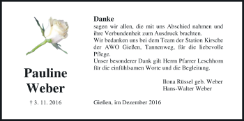 Traueranzeige von Pauline Weber von Gießener Allgemeine, Alsfelder Allgemeine