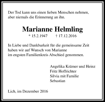 Traueranzeige von Marianne Helmling von Licher Wochenblatt, Licher Wochenblatt, Licher Wochenblatt