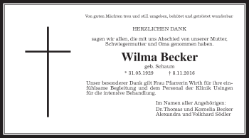 Traueranzeige von Wilma Becker von Wetterauer Zeitung, Wetterauer Zeitung