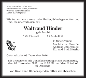 Traueranzeige von Waltraud Hinder von Wetterauer Zeitung, Wetterauer Zeitung