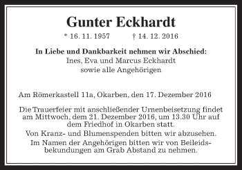 Traueranzeige von Gunter Eckhardt von Wetterauer Zeitung
