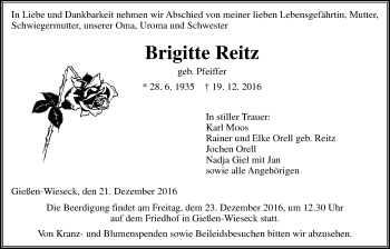 Traueranzeige von Brigitte Reitz von Gießener Allgemeine, Alsfelder Allgemeine