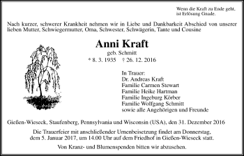 Traueranzeige von Anni Kraft von Gießener Allgemeine, Alsfelder Allgemeine
