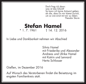Traueranzeige von Stefan Hamel von Gießener Allgemeine, Alsfelder Allgemeine