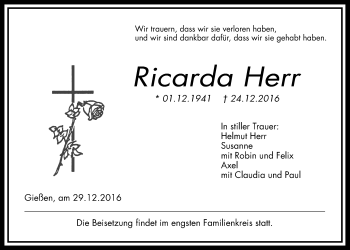Traueranzeige von Ricarda Herr von Gießener Allgemeine, Alsfelder Allgemeine