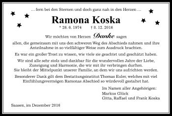 Traueranzeige von Ramona Koska von Gießener Allgemeine, Alsfelder Allgemeine