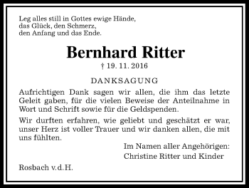 Traueranzeige von Bernd Ritter von Wetterauer Zeitung, Wetterauer Zeitung