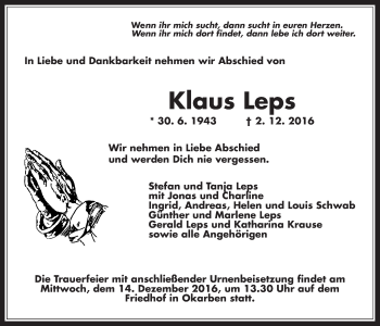 Traueranzeige von Klaus Leps von Wetterauer Zeitung, Wetterauer Zeitung