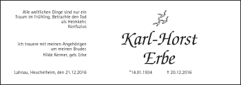 Traueranzeige von Karl-Horst Erbe von Gießener Allgemeine, Alsfelder Allgemeine