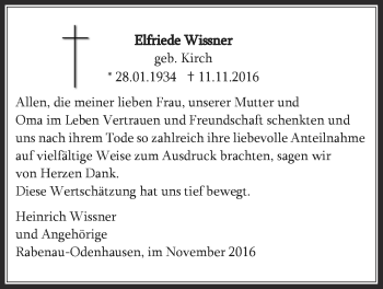 Traueranzeige von Elfriede Wissner von Rabenauer Zeitung
