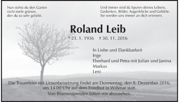 Traueranzeige von Roland Leib von Gießener Allgemeine, Alsfelder Allgemeine