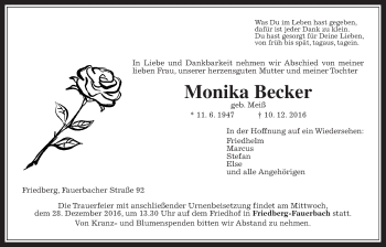 Traueranzeige von Monika Becker von Wetterauer Zeitung, Wetterauer Zeitung