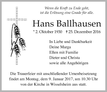 Traueranzeige von Hans Ballhausen von Wetterauer Zeitung, Wetterauer Zeitung