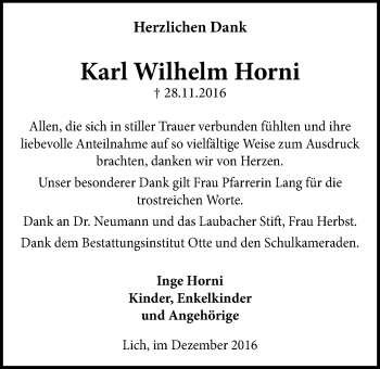 Traueranzeige von Karl Wilhelm Horni von Licher Wochenblatt, Licher Wochenblatt, Licher Wochenblatt