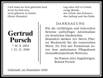 Traueranzeige von Gertrud Pursch von Wetterauer Zeitung, Wetterauer Zeitung