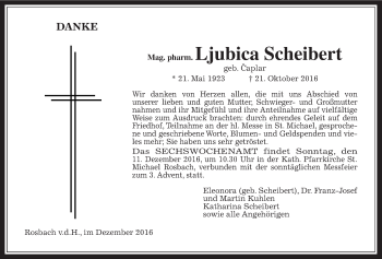 Traueranzeige von Ljubica Scheibert von Wetterauer Zeitung, Wetterauer Zeitung