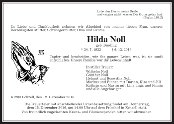 Traueranzeige von Hilda Noll von Wetterauer Zeitung, Wetterauer Zeitung