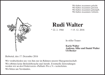 Traueranzeige von Rudi Walter von Gießener Allgemeine, Alsfelder Allgemeine