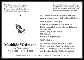 Traueranzeige von Mathilde Wedmann von Wetterauer Zeitung, Wetterauer Zeitung