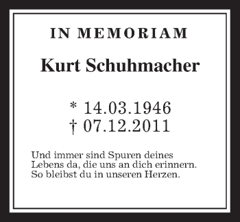 Traueranzeige von Kurt Schuhmacher von Gießener Allgemeine, Alsfelder Allgemeine