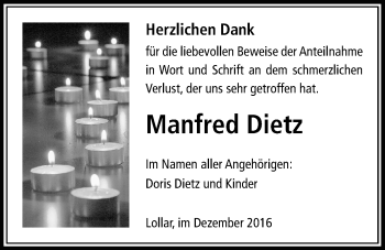 Traueranzeige von Manfred Dietz von Gießener Allgemeine, Alsfelder Allgemeine