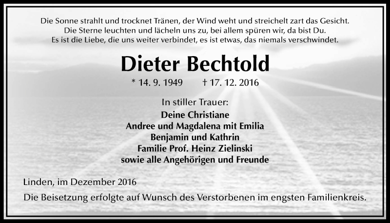  Traueranzeige für Dieter Bechtold vom 24.12.2016 aus Gießener Allgemeine, Alsfelder Allgemeine