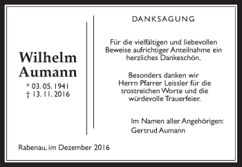 Traueranzeige von Wilhelm Aumann von Allendorfer Mitteilungen, Rabenauer Zeitung
