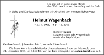 Traueranzeige von Helmut Wagenbach von Gießener Allgemeine, Alsfelder Allgemeine