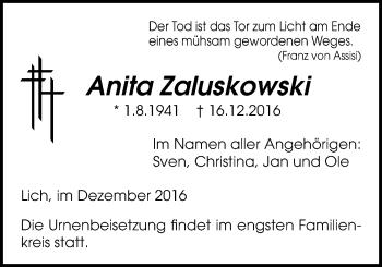 Traueranzeige von Anita Zaluskowski von Licher Wochenblatt, Licher Wochenblatt, Licher Wochenblatt