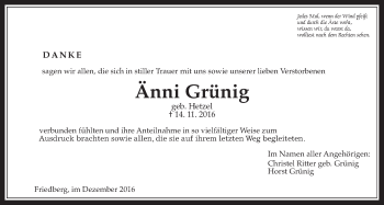 Traueranzeige von Änni Grünig von Wetterauer Zeitung, Wetterauer Zeitung
