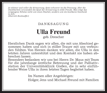 Traueranzeige von Ulla Freund von Wetterauer Zeitung, Wetterauer Zeitung