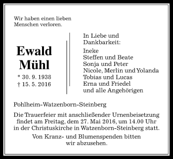 Traueranzeige von Ewald Mühl von Gießener Allgemeine, Alsfelder Allgemeine