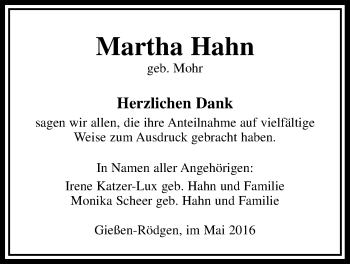 Traueranzeige von Martha Hahn von Gießener Allgemeine, Alsfelder Allgemeine