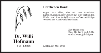 Traueranzeige von Willi Hofmann von Gießener Allgemeine, Alsfelder Allgemeine