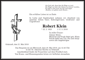 Traueranzeige von Robert Klein von Wetterauer Zeitung, Wetterauer Zeitung