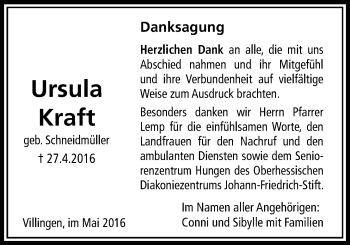 Traueranzeige von Ursula Kraft von Licher Wochenblatt, Licher Wochenblatt, Licher Wochenblatt