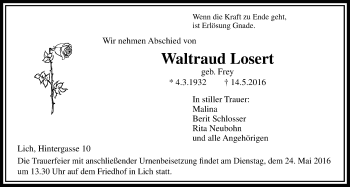 Traueranzeige von Waltraud Losert von Licher Wochenblatt, Licher Wochenblatt, Licher Wochenblatt