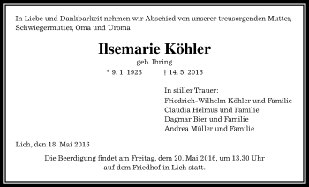 Traueranzeige von Ilsemarie Köhler von Gießener Allgemeine, Alsfelder Allgemeine