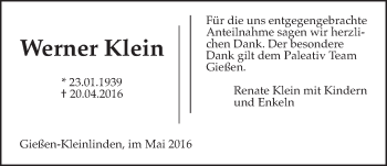 Traueranzeige von Werner Klein von Gießener Allgemeine, Alsfelder Allgemeine