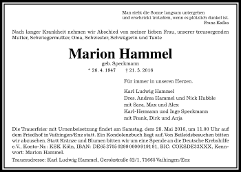 Traueranzeige von Marion Hammel von Gießener Allgemeine, Alsfelder Allgemeine