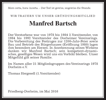 Traueranzeige von Manfred Bartsch von Wetterauer Zeitung, Wetterauer Zeitung