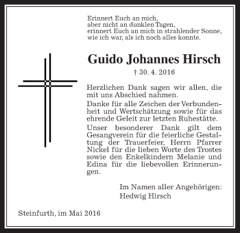 Traueranzeige von Guido Johannes Hirsch von Wetterauer Zeitung, Wetterauer Zeitung