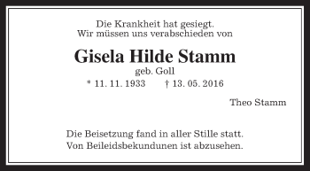 Traueranzeige von Gisela Hilde Stamm von Wetterauer Zeitung, Wetterauer Zeitung