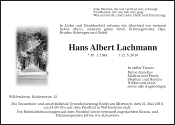 Traueranzeige von Hans Albert Lachmann von Wetterauer Zeitung, Wetterauer Zeitung