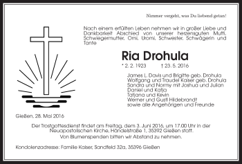 Traueranzeige von Ria Drohula von Gießener Allgemeine, Alsfelder Allgemeine