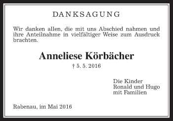 Traueranzeige von Anneliese Körbächer von Gießener Allgemeine, Alsfelder Allgemeine